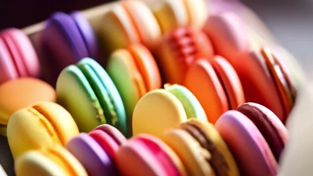 Colorful Assortment of French Macarons Displayed in Rows at a Bakery