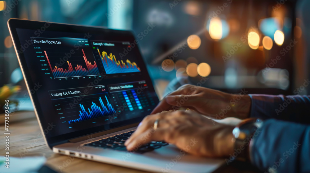 Poster a person is typing on a laptop with a stock market graph on the screen. the person is focused on the