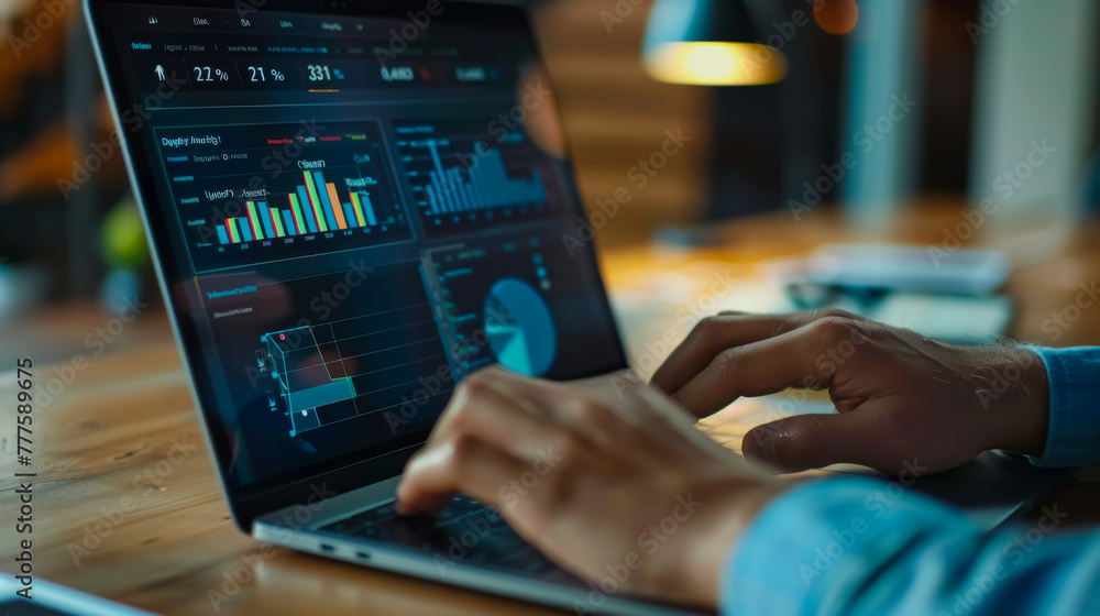 Poster a person is typing on a laptop with a stock market graph on the screen. the person is focused on the