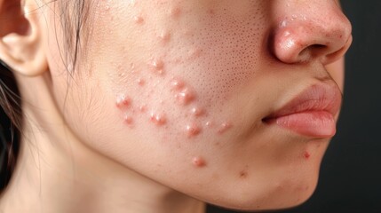 acne on woman face with rash skin, scar, and red skin syndrome allergic to cosmetics, use steroids, dermatology, inflammation, infection, hygiene