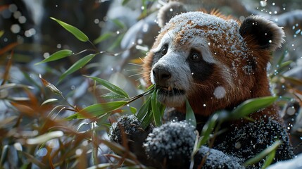 A brown and white panda is eating bamboo leaves on the grassland - obrazy, fototapety, plakaty