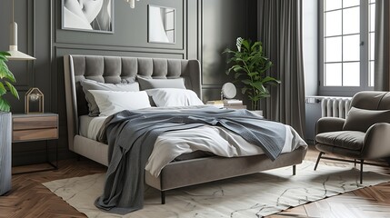 a 3D visualization of a trendy bedroom with a focus on grey and modern aesthetics attractive look