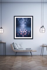 Mystical pink heart-shaped bokeh lights in dark blue foggy forest with lake, printed on canvas and framed in black, hanging on the wall in a modern interior