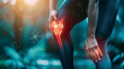 female athlete or spot woman having knee injury due to ligament inflammation, knee pain due to exercise, massage, muscle relaxation, rheumatoid arthritis, gait disturbance, rheumatoid arthritis - obrazy, fototapety, plakaty