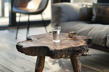 A live-edge wooden slab side table with natural irregularities, celebrating the beauty of...