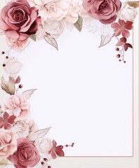 Pink and cream watercolor roses and leaves frame