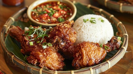 Fried chicken with rice and spicy sauce in bamboo basket on wooden table