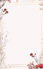 Delicate red and pink flowers frame a lined paper background in this art nouveau-inspired design.