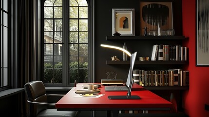 Create a haven of focus and ease with our advanced reading light on a bold red desk, a must-have combination for those seeking elevated productivity and comfort attractive look - obrazy, fototapety, plakaty