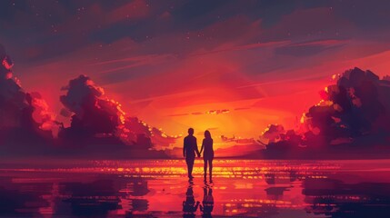 A tender moment shared between a couple as they watch a breathtaking sunset, the sky ablaze with warm hues of orange and pink, silhouettes holding hands against the fading light - obrazy, fototapety, plakaty
