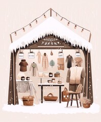 Snowy market stall selling handmade knitted goods and home decor items in neutral colors, digital art, cartoon, illustration