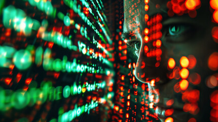 firewall interface, vibrant lines of code defending against incoming virus attacks represented by red glowing dots. The screen's reflection shows a user's determined face, Generative AI