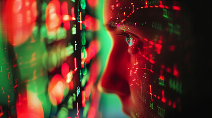 firewall interface, vibrant lines of code defending against incoming virus attacks represented by red glowing dots. The screen's reflection shows a user's determined face, Generative AI