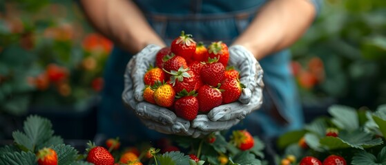 Person harvesting strawberries from plant in garden. Concept Gardening, Harvesting, Strawberries, Fresh Produce, Sustainable Agriculture