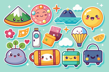 Set of assorted Kawaii Traveling Stickers , minimal flat background