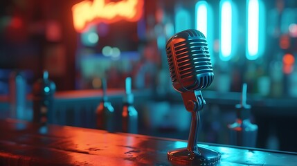 an imaginative visual through AI, emphasizing a metal microphone on a bar with a background that is intentionally blurred attractive look