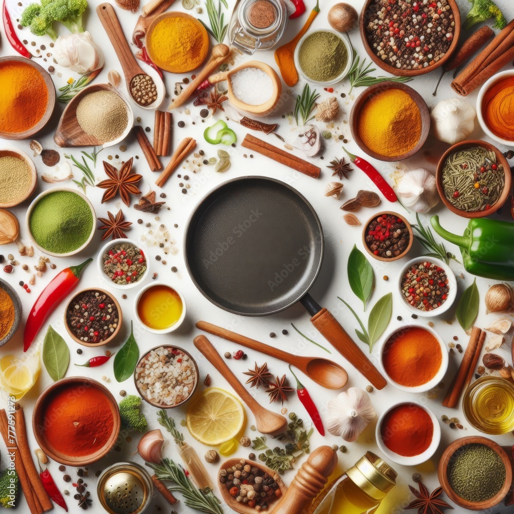 Poster a pristine cast iron skillet surrounded by an assortment of spices and culinary elements on a light 