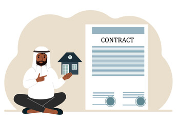 A man on the boat holds a house nearby a big contract. Real estate transaction concept, purchase, sale, rent or rental house. Vector Flate Illustration