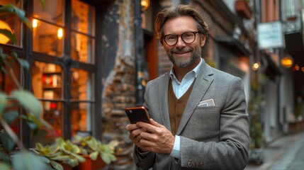 Smartly dressed man exudes confidence, smiling while holding a phone outside an office building