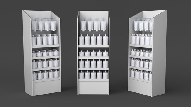 Retail cardboard display stands with various flexible pouches mockups, shelves and euro hooks with price holders. 3d illustration set on gray background	