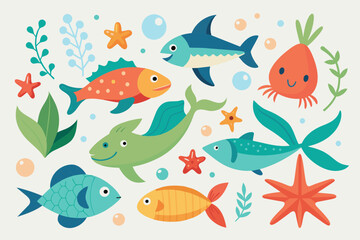 Set of assorted  fish, starfish, algae and eel minimal flat illustration , on white background
