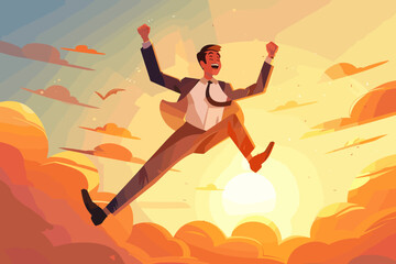 Fototapeta na wymiar Ecstatic businessman leaps with joy, arms raised in triumph, celebrating remarkable success and victory, achieving goals and reaching new heights