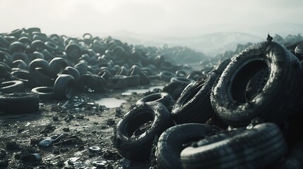 Create a powerful AI-generated image capturing the essence of an industrial landfill filled with old black car tires.  - obrazy, fototapety, plakaty