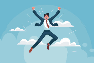 Ecstatic businessman leaps with joy, arms raised in triumph, celebrating remarkable success and victory, achieving goals and reaching new heights