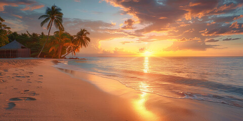 Fototapeta na wymiar Tropical Beach Sunset with Palm Trees and Footprints