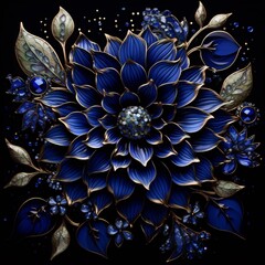 A deep blue flower, adorned with gold and jewels, blooms on a black backdrop.
