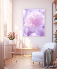Closeup of a pink rose in bloom in a bright room with a white chair and pink flowers in a vase.