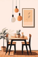 A minimalist dining room with a table, two chairs, a potted plant, and a picture on the wall in warm colors and a flat design style.
