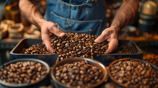 Hands gently sifting through roasted coffee beans, showcasing the selection process in a warm-toned artisan roastery