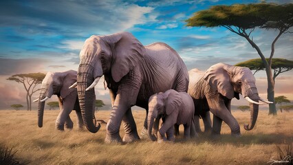 A detailed drawing of a family of elephants roaming across the savannah
