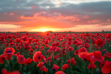 Field of red poppies with a sunset sky in the background, capturing the rural beauty of a peaceful evening