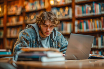 A teenager, immersed in his studies, works attentively on his laptop at a library - obrazy, fototapety, plakaty