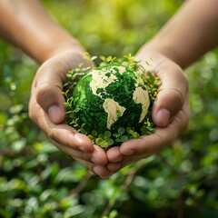 Hands hold the Earth. Earth depicted as a planet full of greenery.
