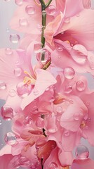 Pink flowers and water drops painted in hyper-realistic style with soft pink and green colors