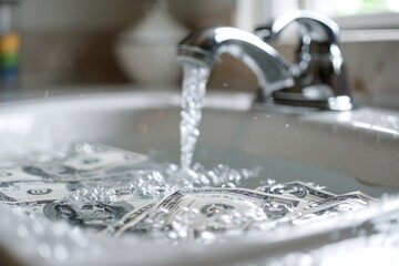 Close-up depicting dollar bills in a sink with water running from a faucet