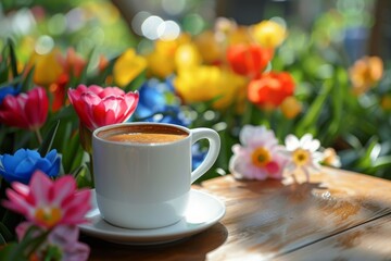 Fototapeta na wymiar Morning Coffee Amidst Vibrant Spring Flowers