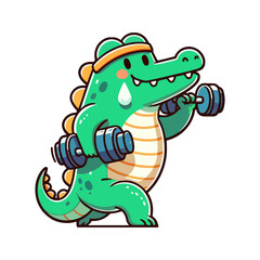 Obraz premium cute icon character crocodile lifts barbell
