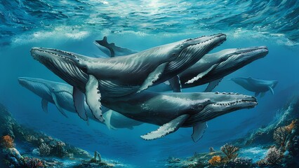 An expansive view of a pod of whales swimming gracefully in the ocean - obrazy, fototapety, plakaty