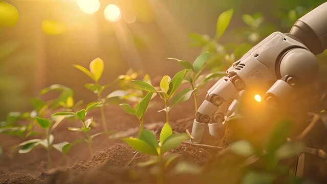 robot hand planting seedling. Environmental technology concept. Robot hand holding small plants with Environment icon. Artificial Intelligence and Technology ecology. Green technology and Environmenta