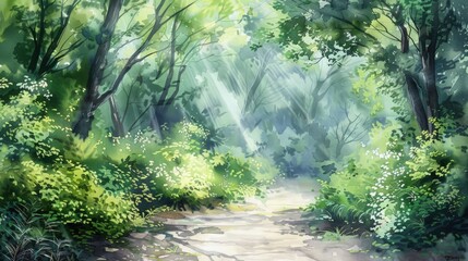 A painting of a serene woodland path surrounded by green trees and shrubs, with light shafts piercing through the foliage. The watercolor style adds a dreamlike quality to the peaceful setting.