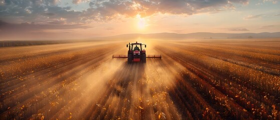 A tractor harvesting crops in a large field at sunset. Concept Agriculture, Farming, Sunset, Harvesting, Tractor - obrazy, fototapety, plakaty