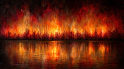 A fire blazes fiercely on the calm surface of a lake