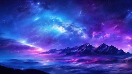 Foto auf Alu-Dibond Beautiful fantasy starry night sky, blue and purple colorful, galaxy and aurora 4k wallpaper © Reazy Studio