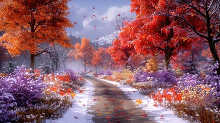 Fototapeta premium A painting of a road bordered by trees and colorful flowers