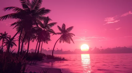 Schilderijen op glas Sun setting behind palm trees on a beach overlooking the ocean © Tetiana