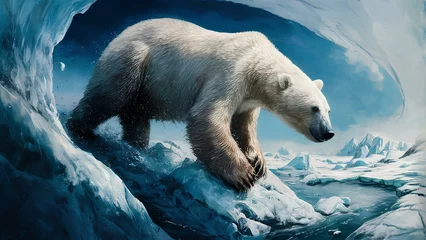 Keuken spatwand met foto A realistic depiction of a polar bear navigating through icy Arctic terrain © samir